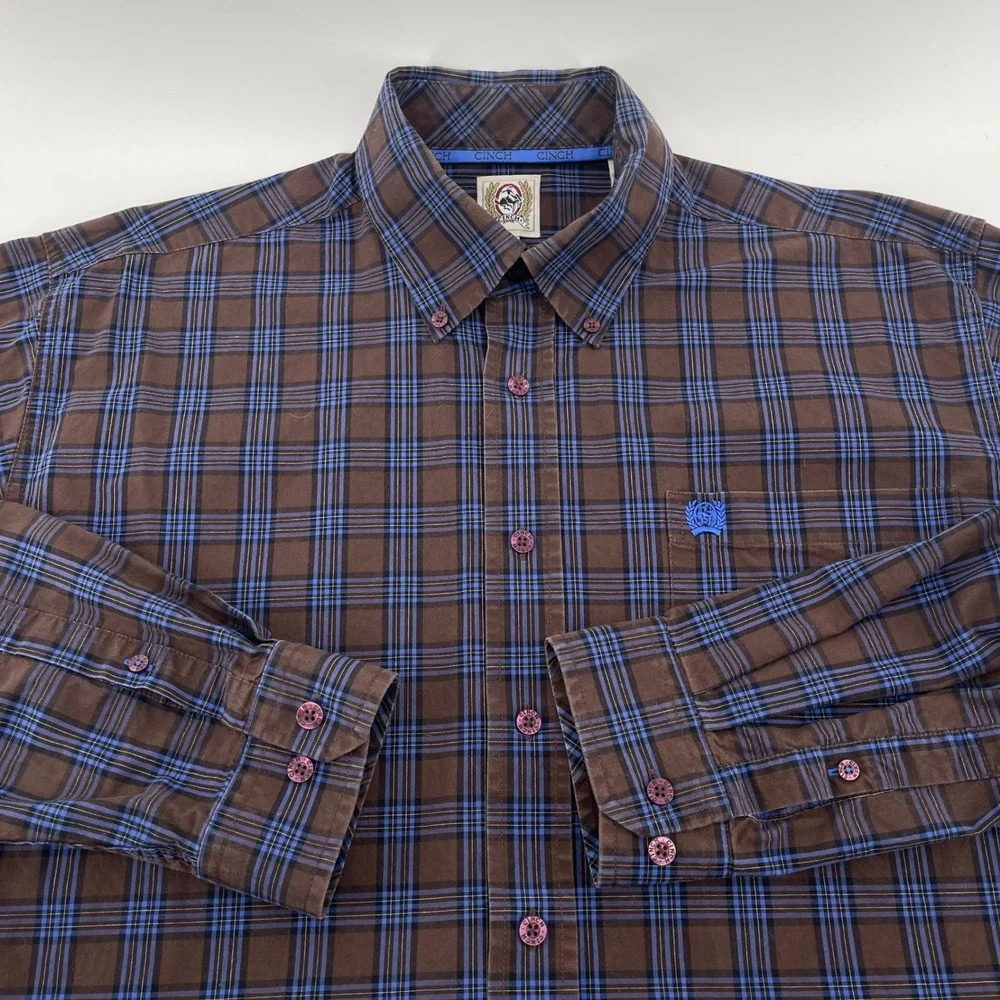 Cinch Button Down Shirt Mens M Brown Blue Plaid MTW1103151 Long Sleeve Pocket